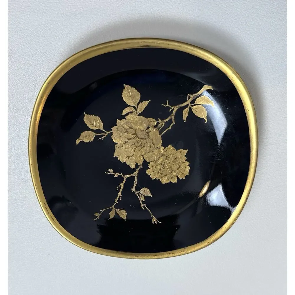 Vintage Alboth Kaiser Black Gold Rose Vanity Trinket Dish Constanze Floral 4”